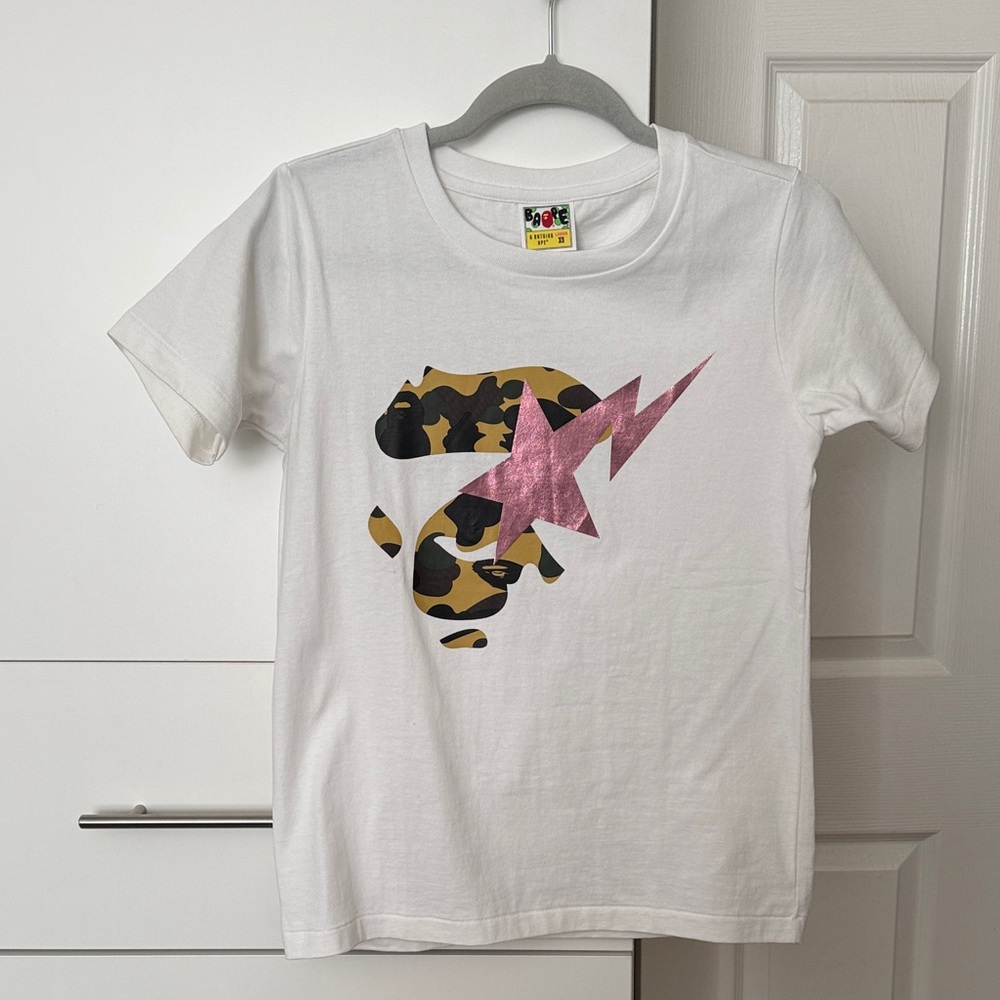 Bape White Tee with Camo Skull and Pink Metallic Star